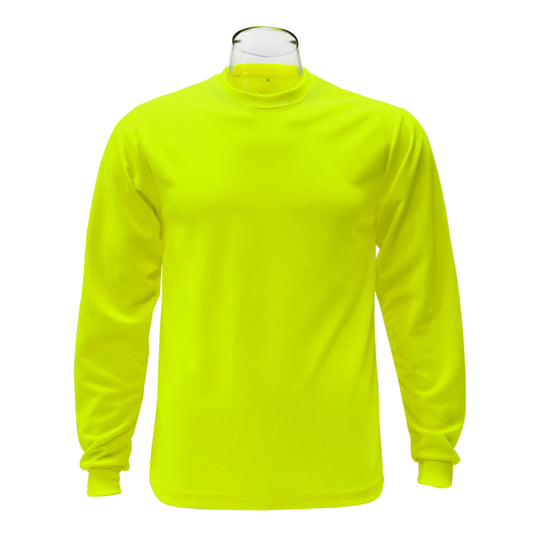 Bright yellow long-sleeve shirt on a mannequin against a white background