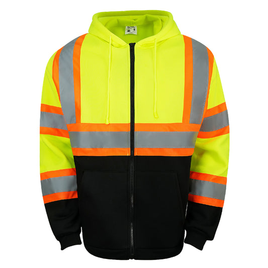 High-visibility safety hoodie with reflective stripes on a white background