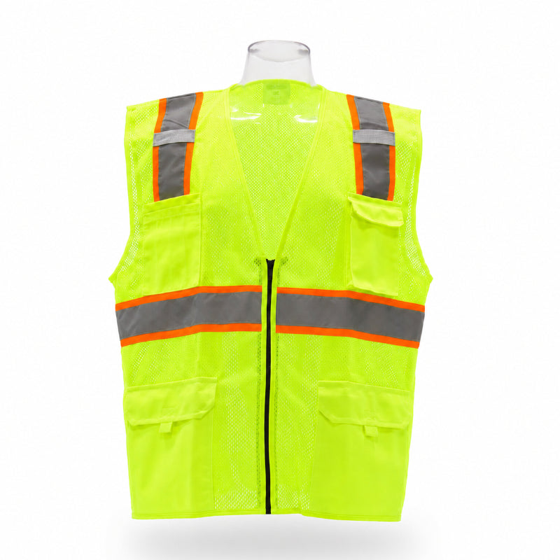 Yellow safety vest with reflective stripes on a mannequin against a white background
