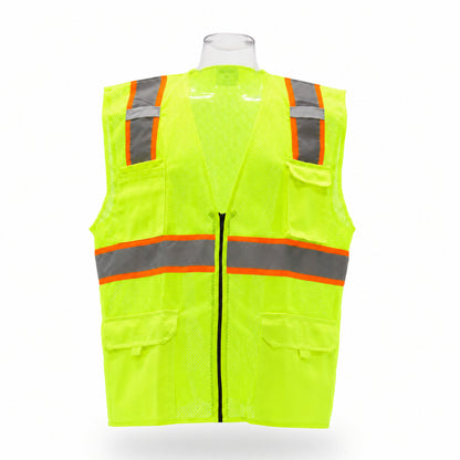 Yellow safety vest with reflective stripes on a mannequin against a white background