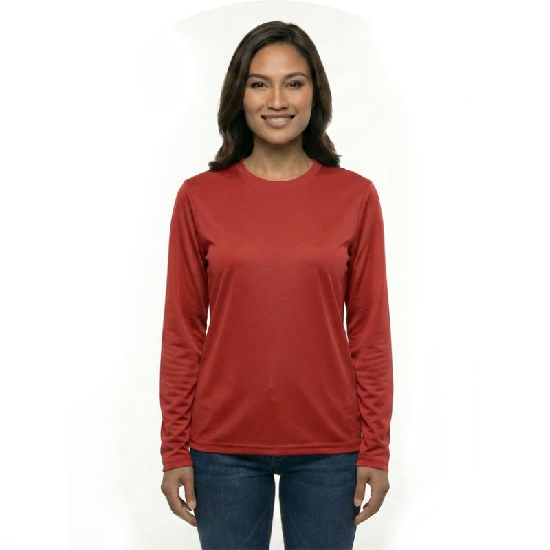 Woman wearing a red long-sleeve shirt on a white background