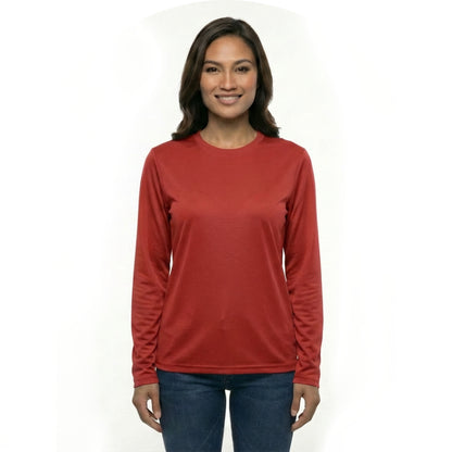 Woman wearing a red long-sleeve shirt on a white background