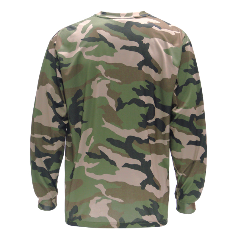 Camouflage long-sleeve shirt on a white background