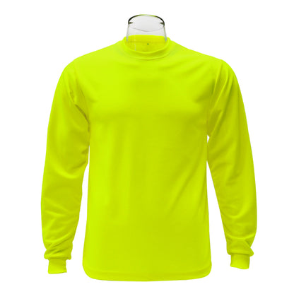 Bright yellow long-sleeve shirt on a mannequin against a white background