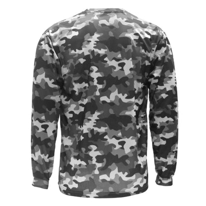 Urban camouflage-patterned long-sleeve shirt on a white background