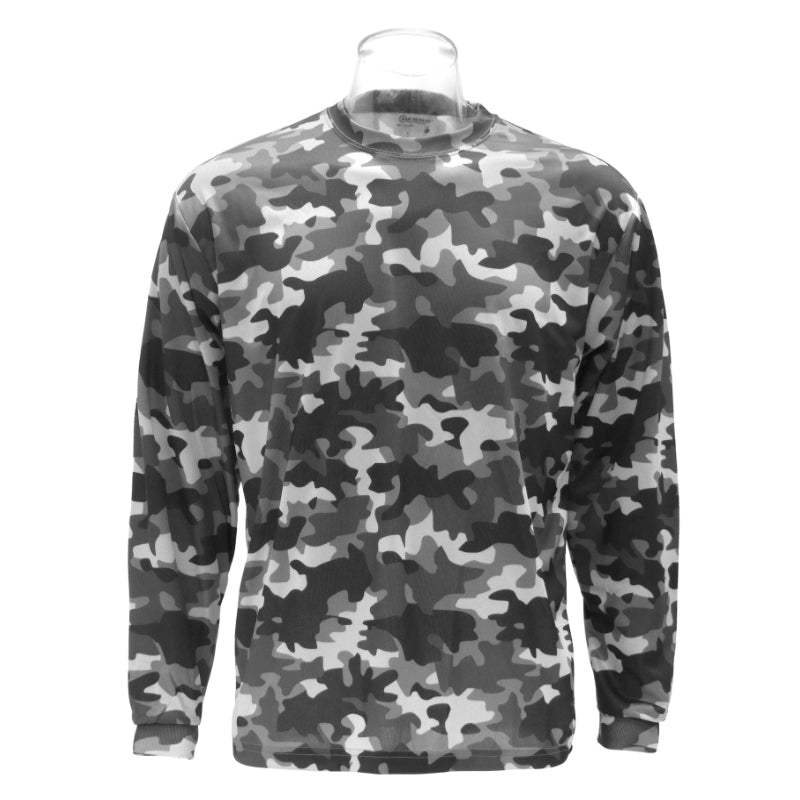 Urban camouflage-patterned long-sleeve shirt on a white background