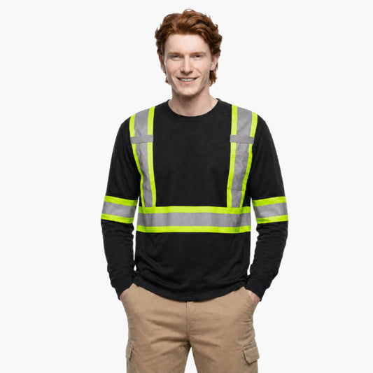 Person wearing a black long-sleeve shirt with reflective yellow and gray stripes on a white background