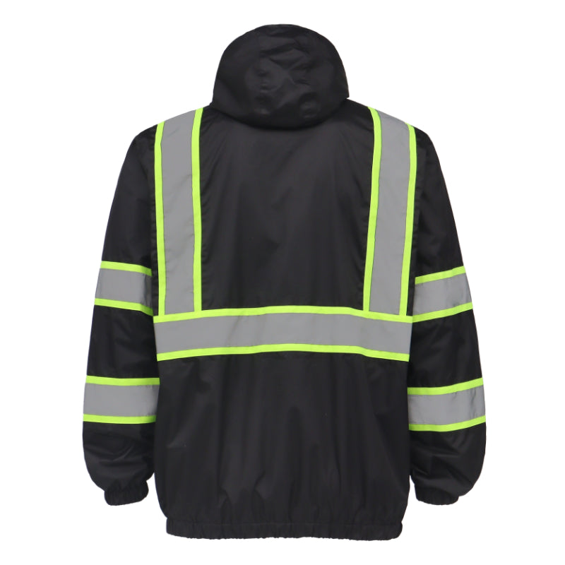 Black safety jacket with reflective stripes on a white background