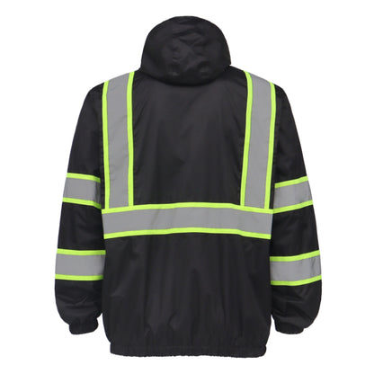 Black safety jacket with reflective stripes on a white background