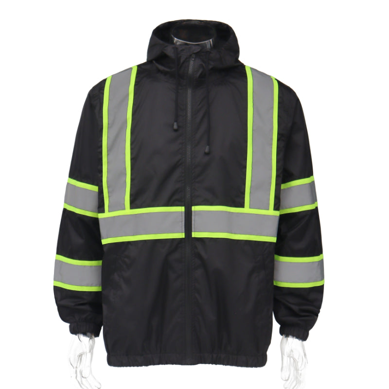 Black raincoat with reflective yellow and gray stripes on a white background