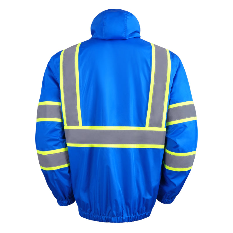 Blue safety jacket with reflective stripes on a white background