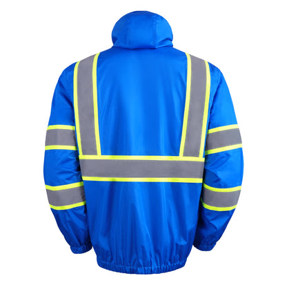 Blue safety jacket with reflective stripes on a white background
