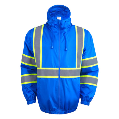 Blue safety jacket with reflective stripes on a white background