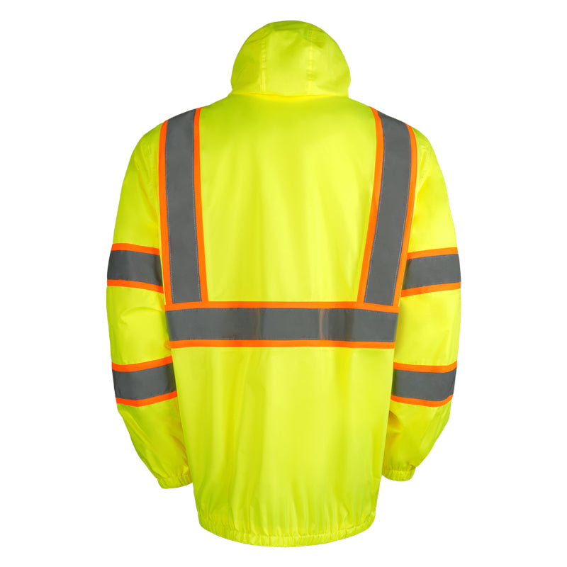 High-visibility yellow raincoat with reflective stripes on a white background