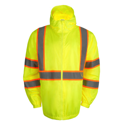 High-visibility yellow jacket with reflective stripes on a white background