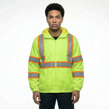 Person wearing a bright yellow safety jacket with reflective stripes on a white background