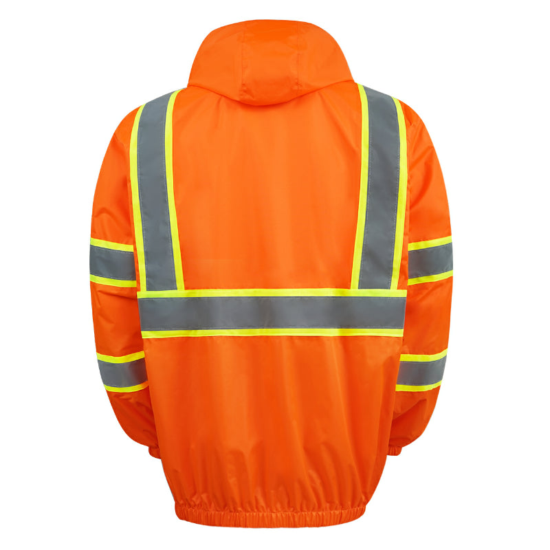 Orange safety jacket with reflective stripes on a white background