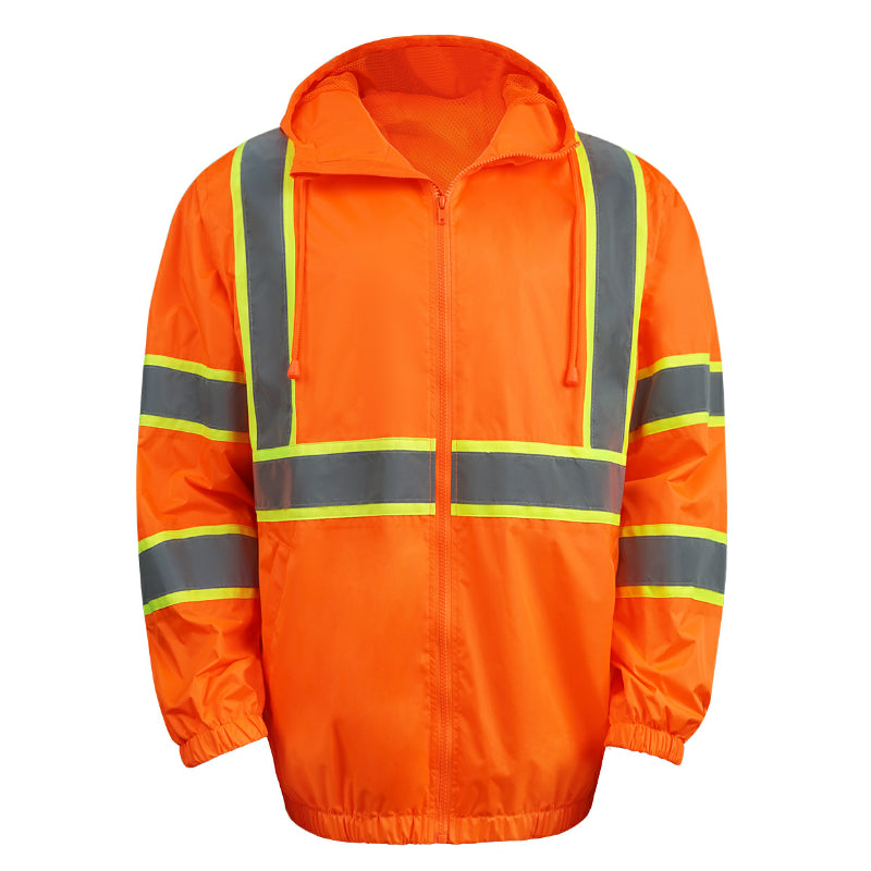 Orange safety jacket with reflective stripes on a white background