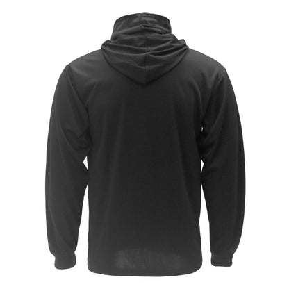 Black hoodie shown from the back on a white background