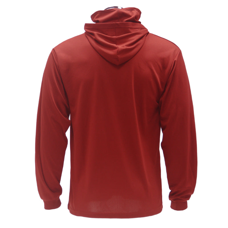 Red hoodie shown from the back on a white background