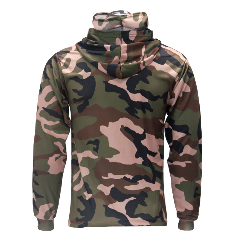 Camouflage hoodie shown from the back on a white background