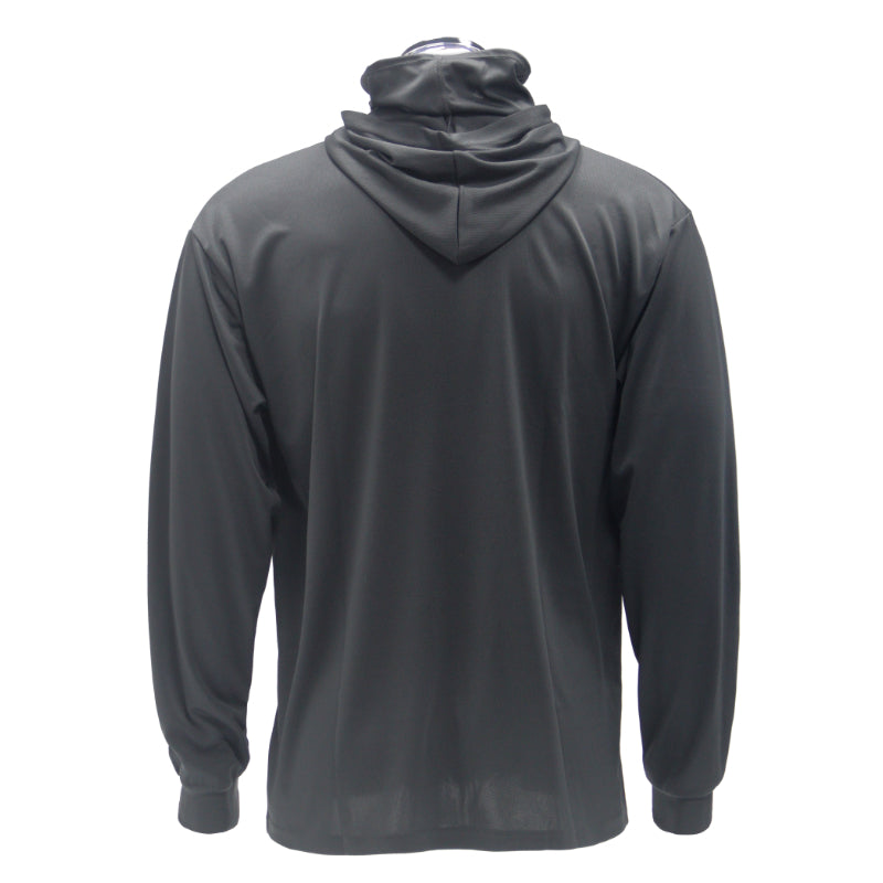 Dark gray hoodie shown from the back on a white background