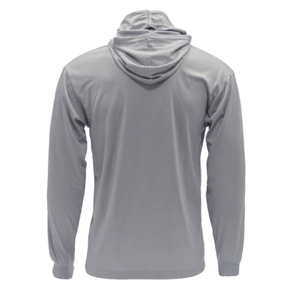 Gray hoodie shown from the back with a hood on a white background