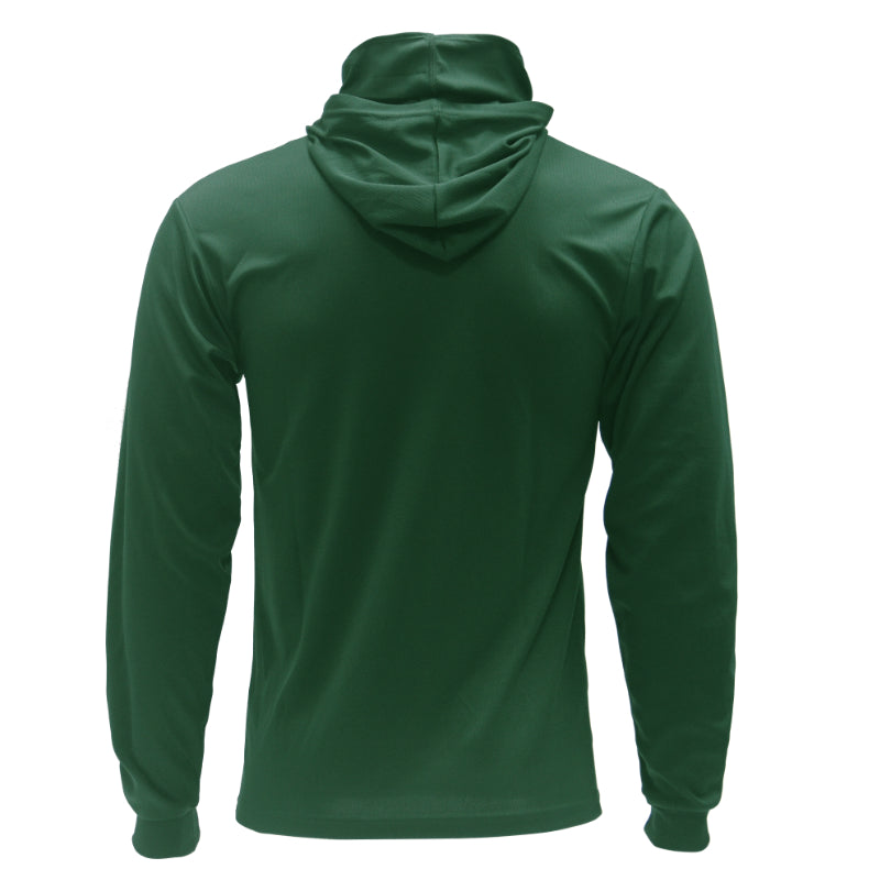 Green hoodie shown from the back on a white background
