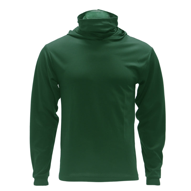 Green long-sleeve shirt with a hood on a white background