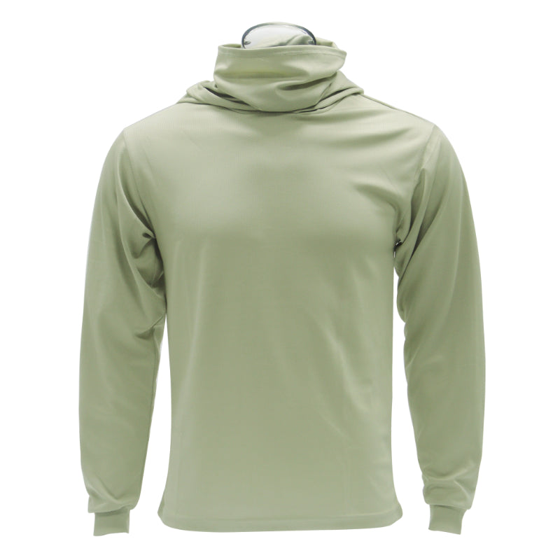 Khaki long-sleeve shirt with a hood on a white background