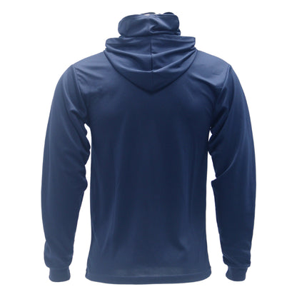 Blue hoodie shown from the back on a white background