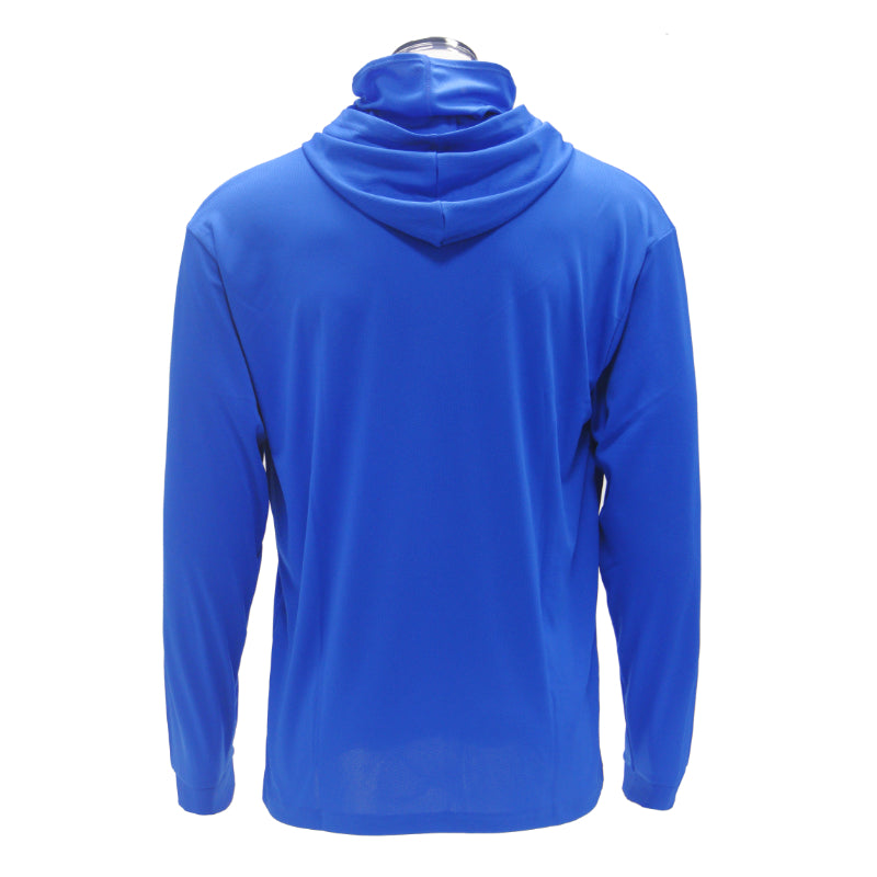 Blue hoodie shown from the back on a white background