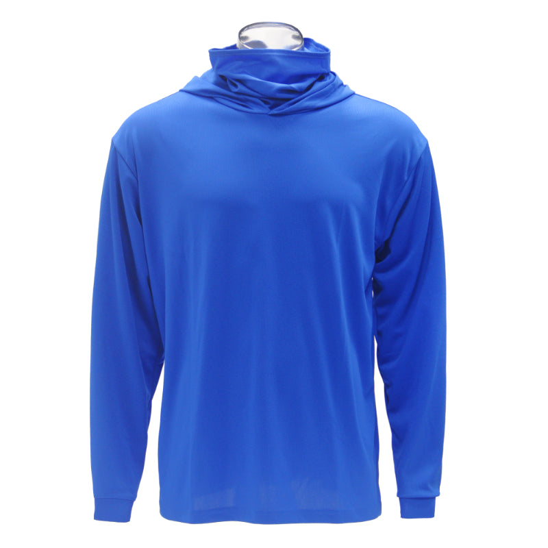 Blue long-sleeve shirt on a mannequin against a white background