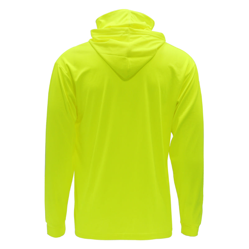 Back view of a bright yellow hoodie on a white background