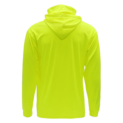 Back view of a bright yellow hoodie on a white background
