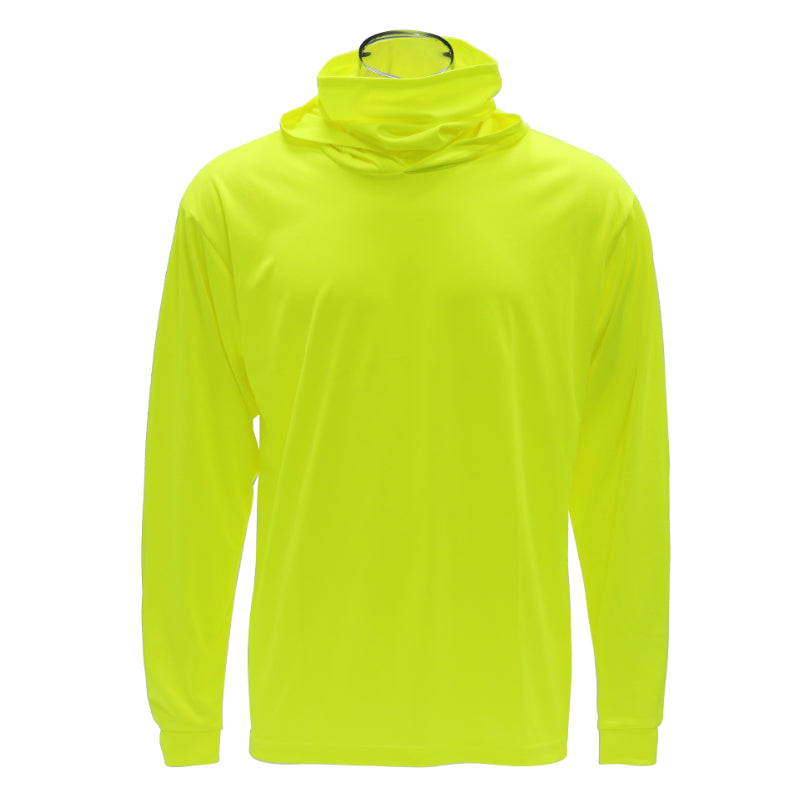 Neon yellow long-sleeve shirt with a hood on a white background