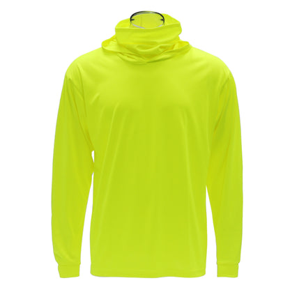 Neon yellow long-sleeve shirt with a hood on a white background