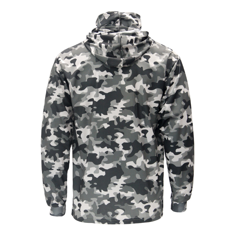 Camouflage-patterned hoodie shown from the back on a white background