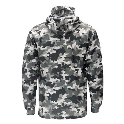 Camouflage-patterned hoodie shown from the back on a white background