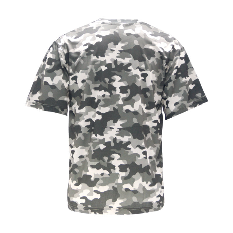 Back view of unisex short sleeve camo safety shirt in gray and white pattern