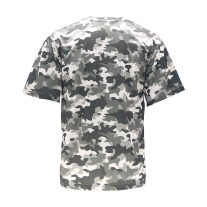 Back view of unisex short sleeve camo safety shirt in gray and white pattern