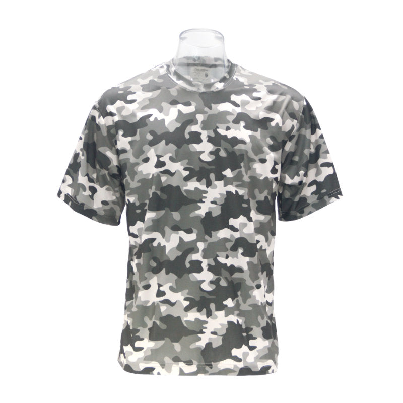 Front view of unisex short sleeve camo safety shirt in gray and white pattern