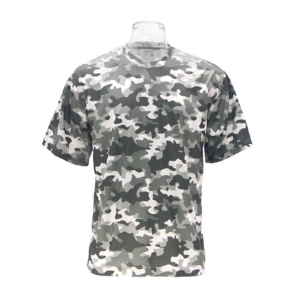 Front view of unisex short sleeve camo safety shirt in gray and white pattern