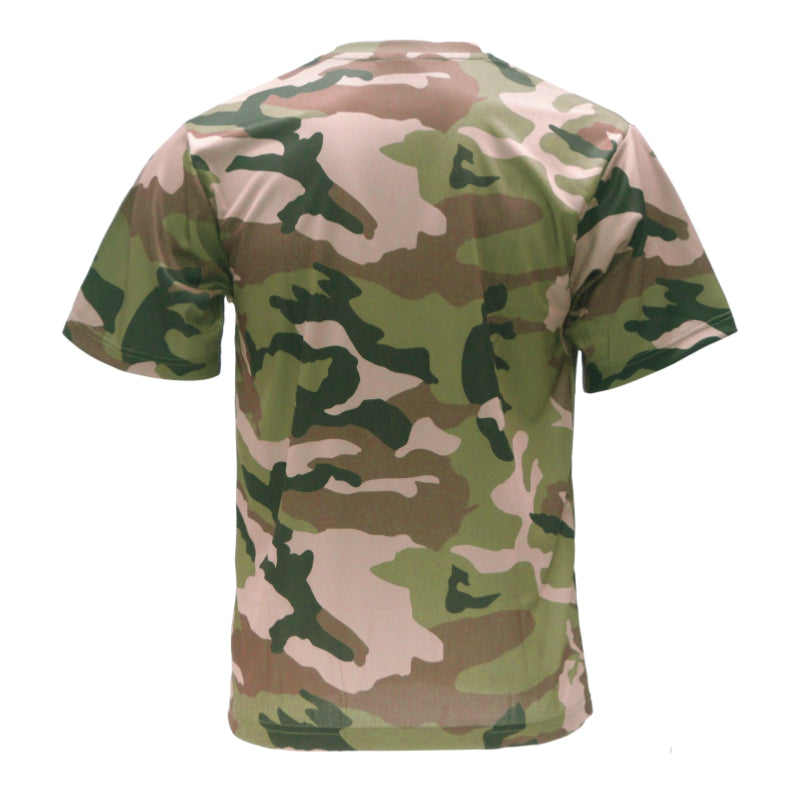 Back view of unisex short sleeve camo work shirt in green and tan pattern