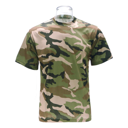Front view of unisex short sleeve camo work shirt in green and tan pattern