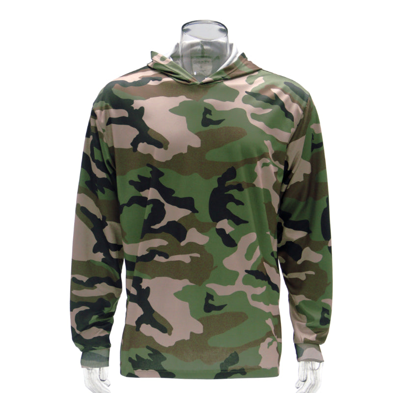 Camouflage hoodie on a mannequin against a white background