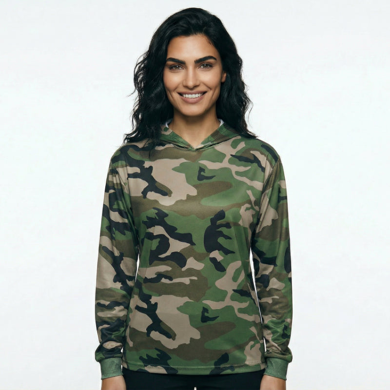 Woman wearing a camouflage hoodie on a white background