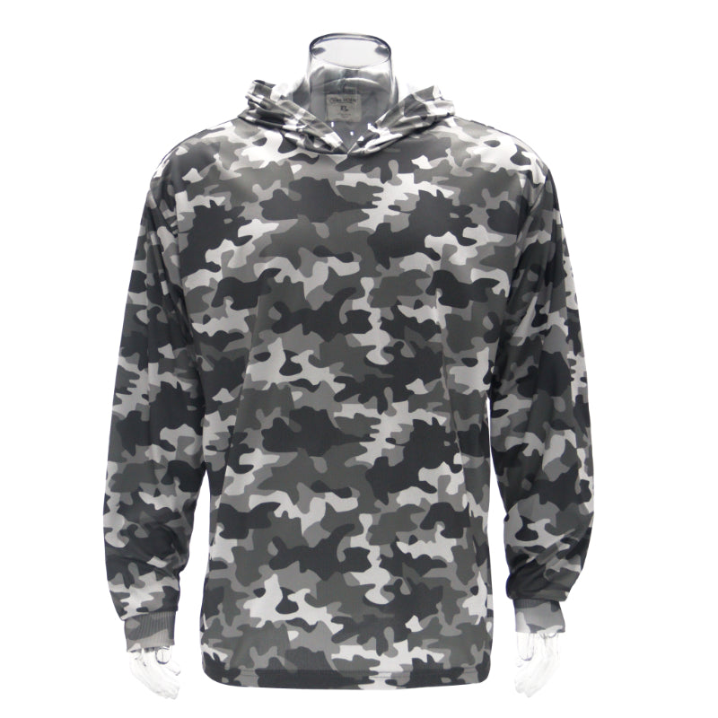 Camouflage hoodie on a mannequin against a white background