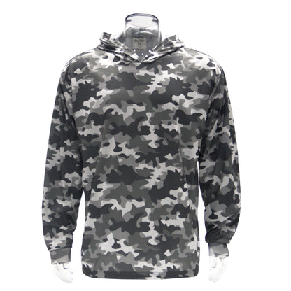 Camouflage hoodie on a mannequin against a white background