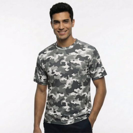 Man wearing a camouflage t-shirt on a white background